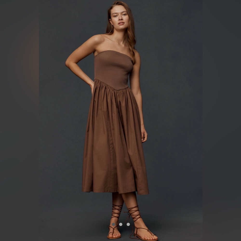 Anthropologie Brown Strapless A-Line midi dress